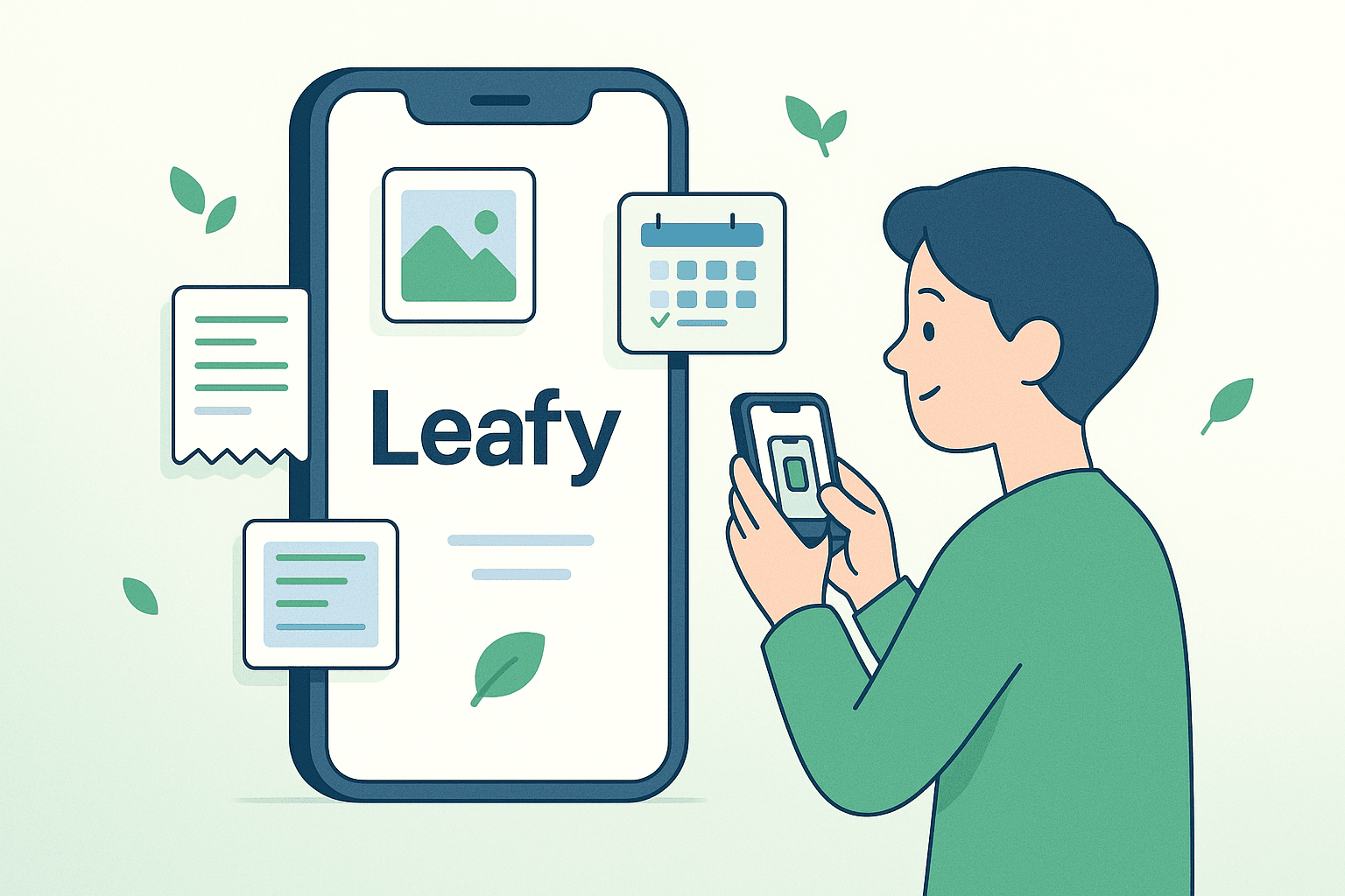 Leafy app screenshot showing organized notes with calendar and map views